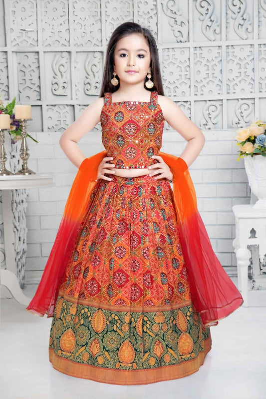Orange Jaipuri Printed Lehenga Choli With Mirrorwork For Girls - Lagorii Kids