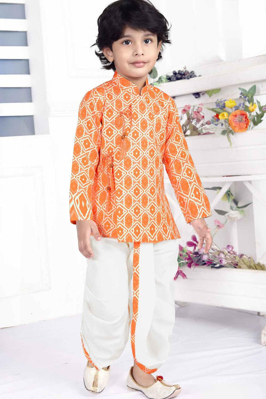 Orange Printed Kurta Dhoti Set For Boys - Lagorii Kids
