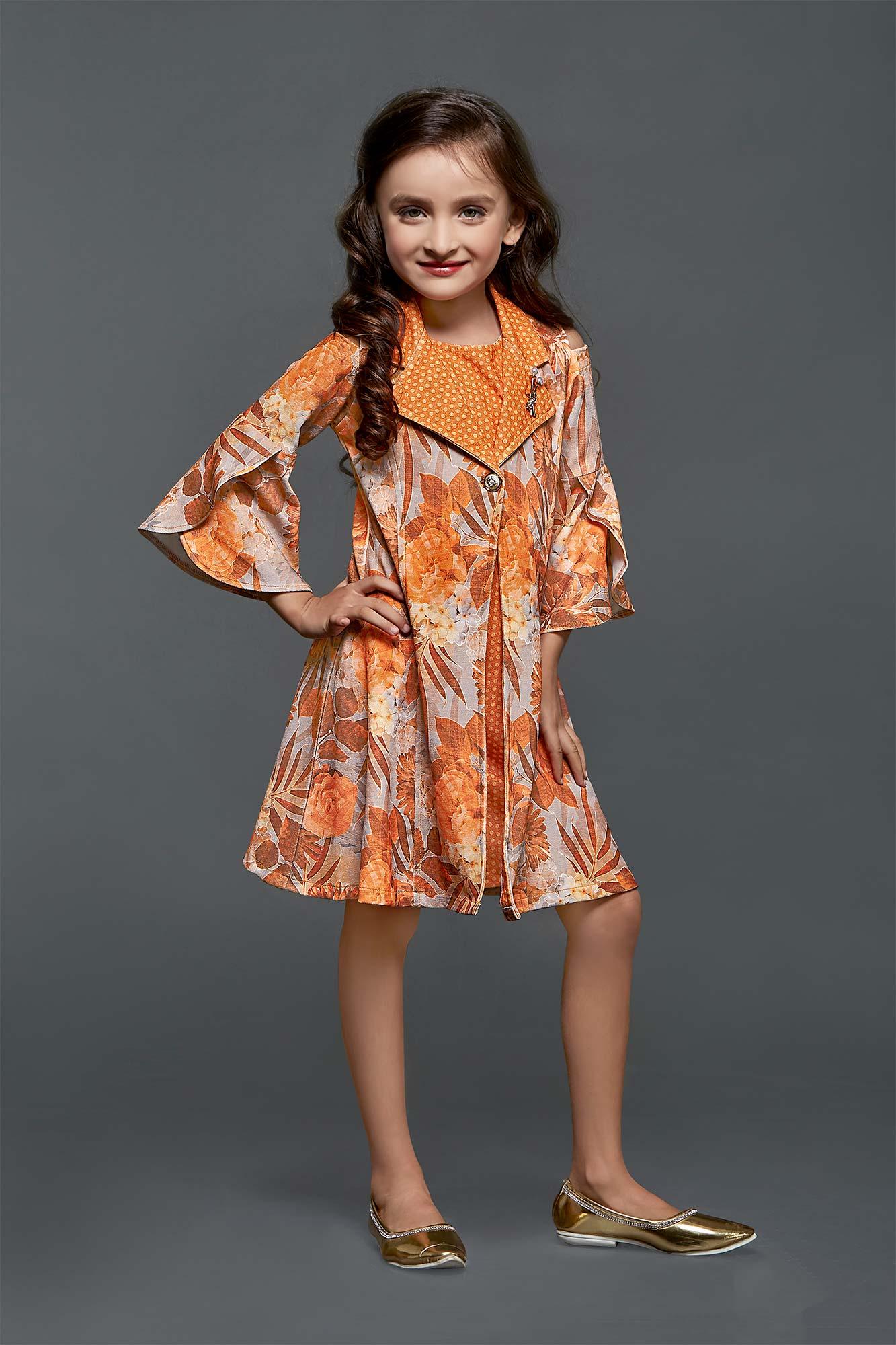 Orange Tropical printed frock for girls - Lagorii Kids