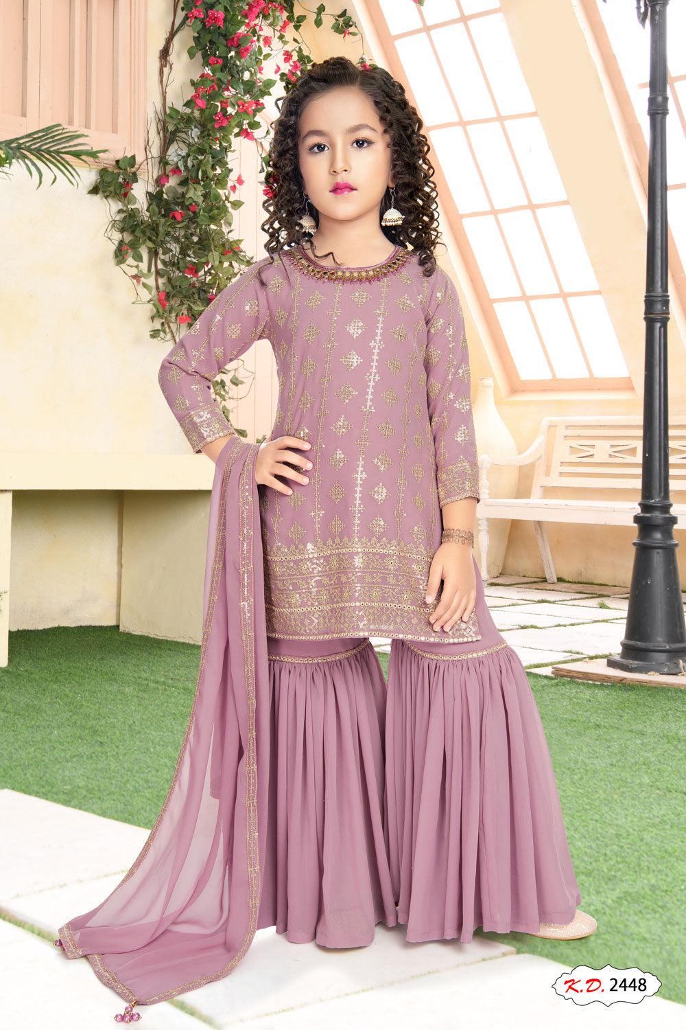 Pale pink color golden embroidered ethnic wear Sharara suit for girls ...