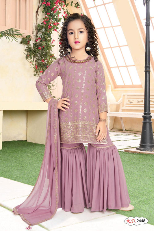 Pale pink color golden embroidered ethnic wear Sharara suit for girls. - Lagorii Kids