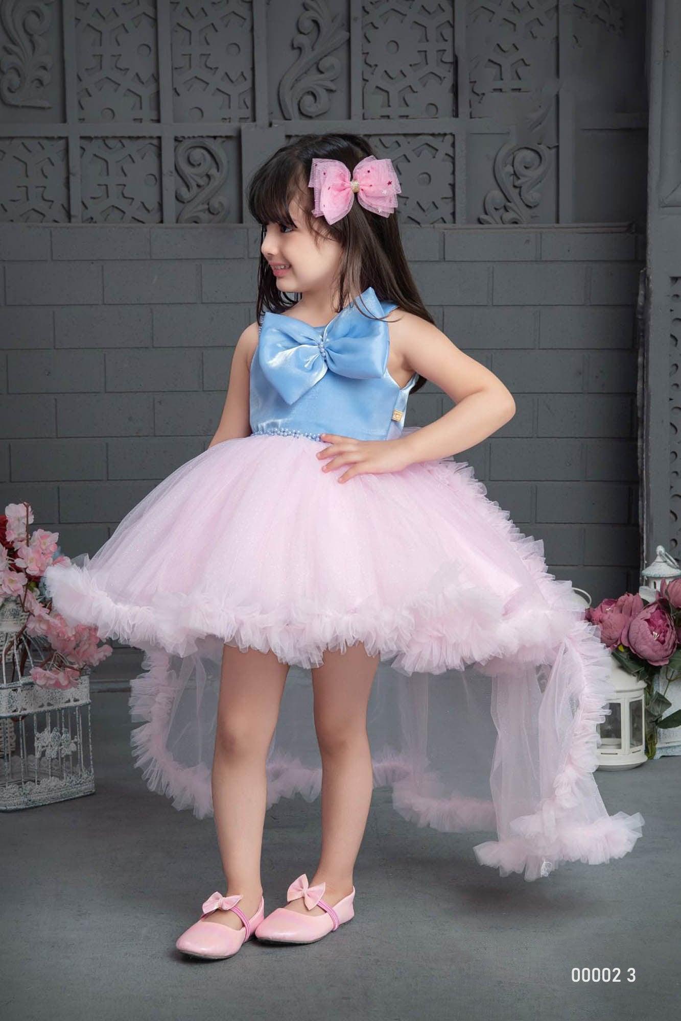 Pastel blue and baby pink elegant tail back partywear frock. - Lagorii Kids