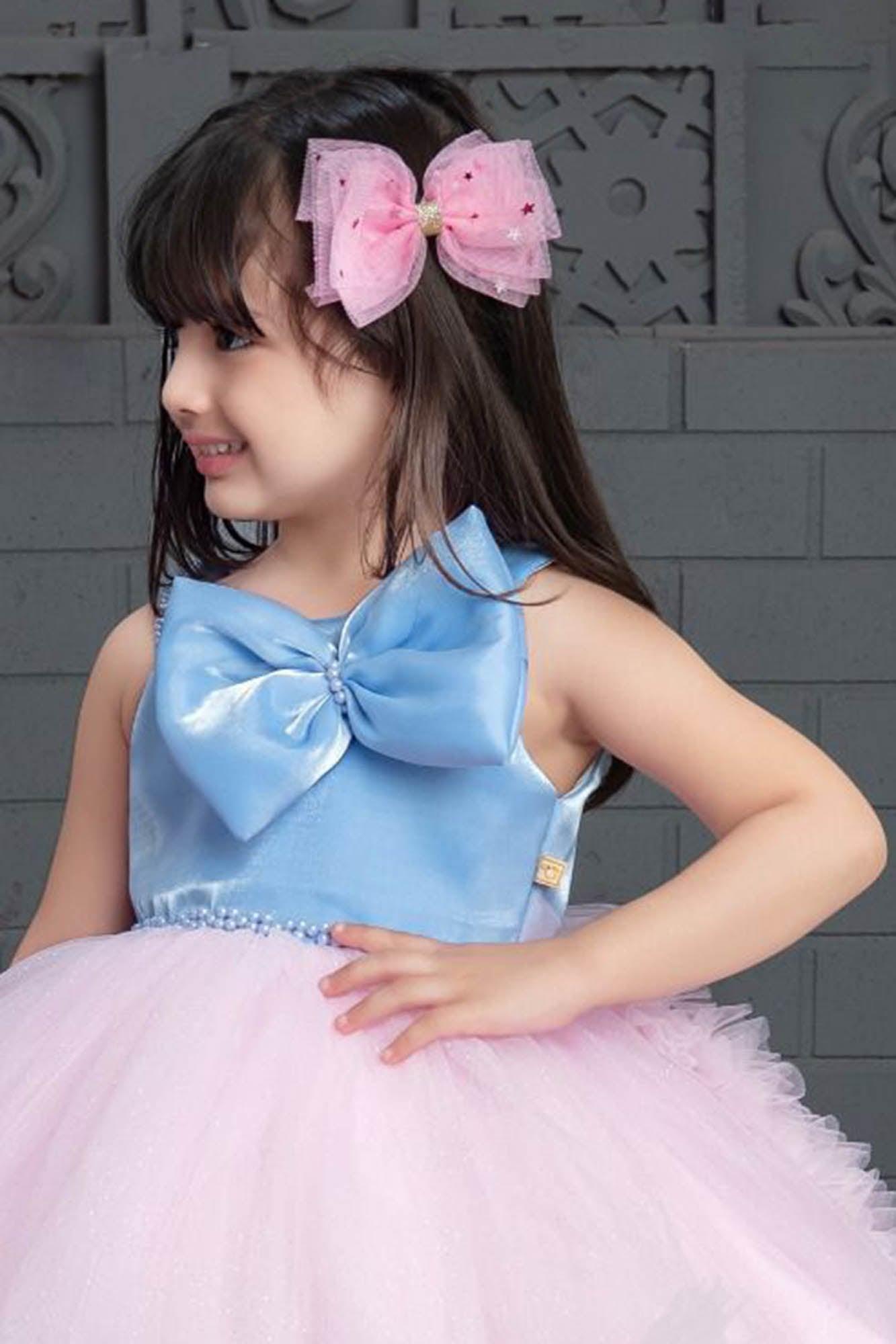 Pastel blue and baby pink elegant tail back partywear frock. - Lagorii Kids