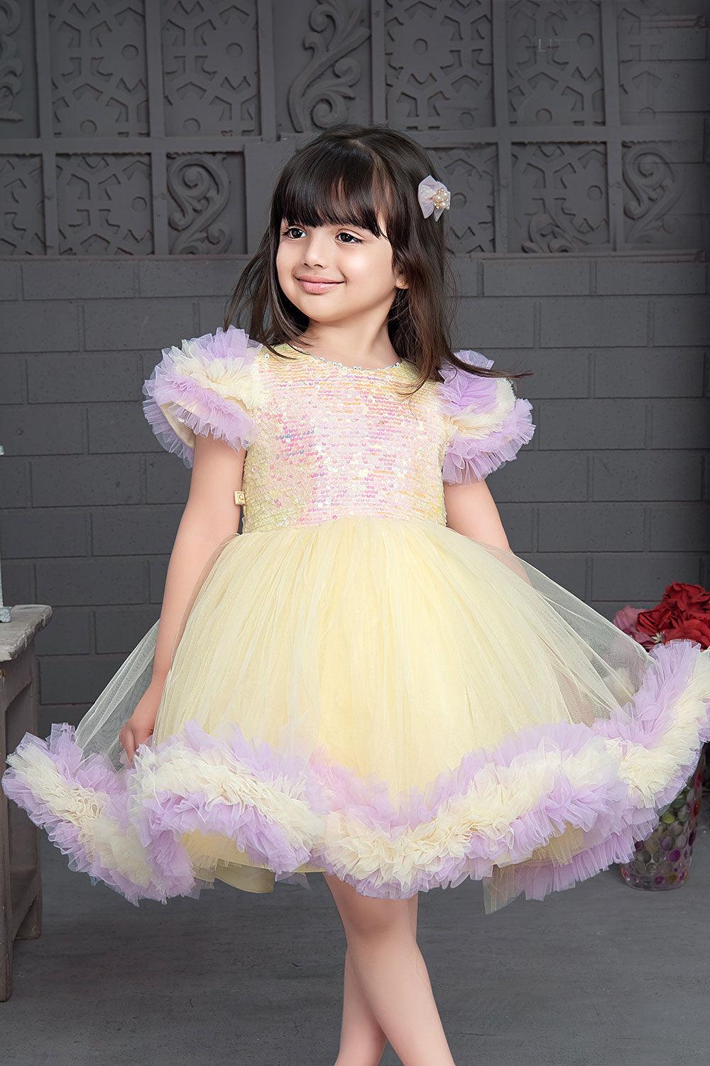 Pastel Harmony: Yellow and Lavender Ruffle Frock for Kids. - Lagorii Kids