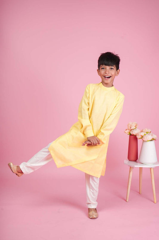 Pastel Sunshine: Stylish Yellow Kurta for Boys. - Lagorii Kids