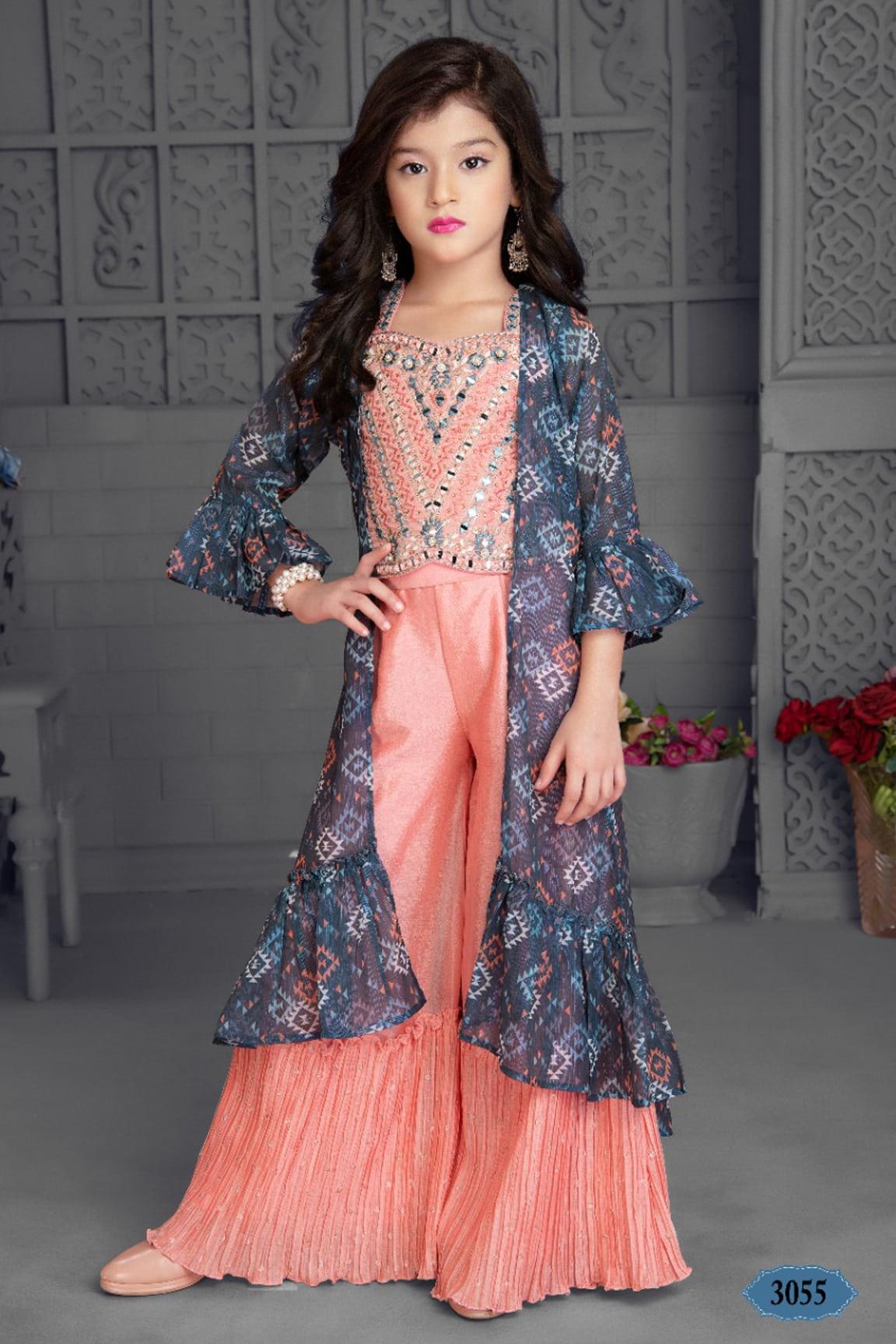 Peach and Grey Palazzo Set With Mirrorwork For Girls - Lagorii Kids