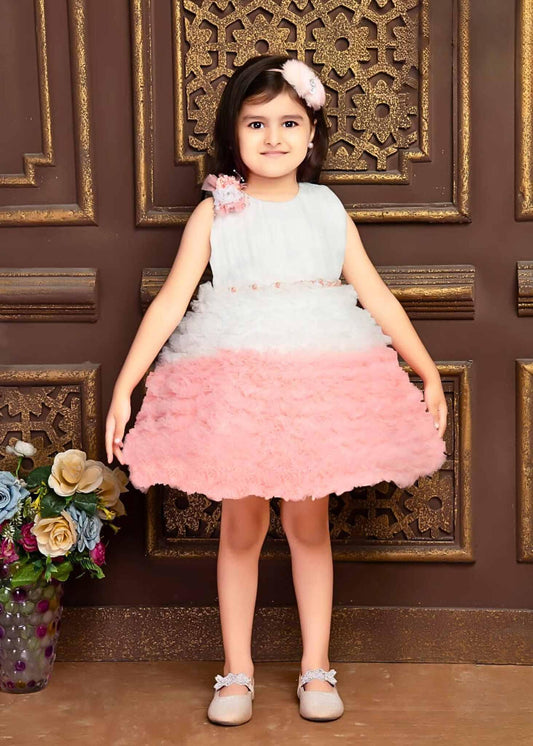 Peach Bushy Net Ruffled Frock With For Girls - Lagorii Kids