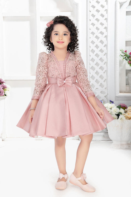 Peach Embellished Satin Frock With Bishop Sleeves For Girls - Lagorii Kids