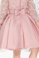 Peach Embellished Satin Frock With Bishop Sleeves For Girls - Lagorii Kids