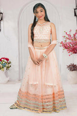 Peach Embroidered Lehenga Choli Set with Dupatta - Lagorii Kids