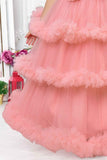 Peach Multilayered Ruffled Net Party Gown With Bow Embellishment For Girls - Lagorii Kids