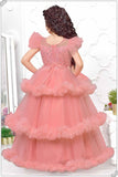 Peach Multilayered Ruffled Net Party Gown With Bow Embellishment For Girls - Lagorii Kids