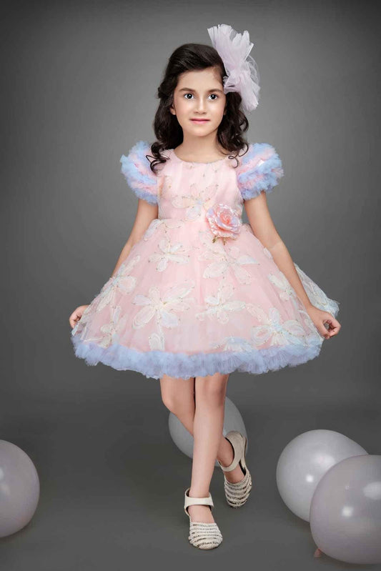 Peach Net Ruffled Frock With Floral Embroidery and Embellishment For Girls - Lagorii Kids