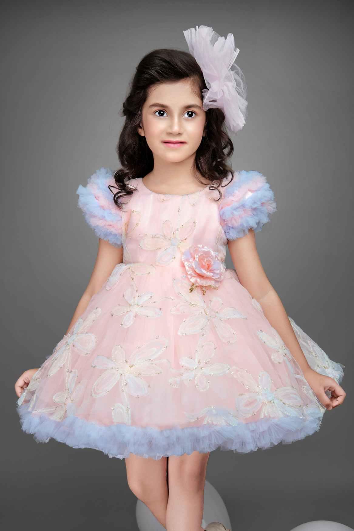 Peach Net Ruffled Frock With Floral Embroidery and Embellishment For Girls - Lagorii Kids