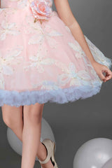 Peach Net Ruffled Frock With Floral Embroidery and Embellishment For Girls - Lagorii Kids