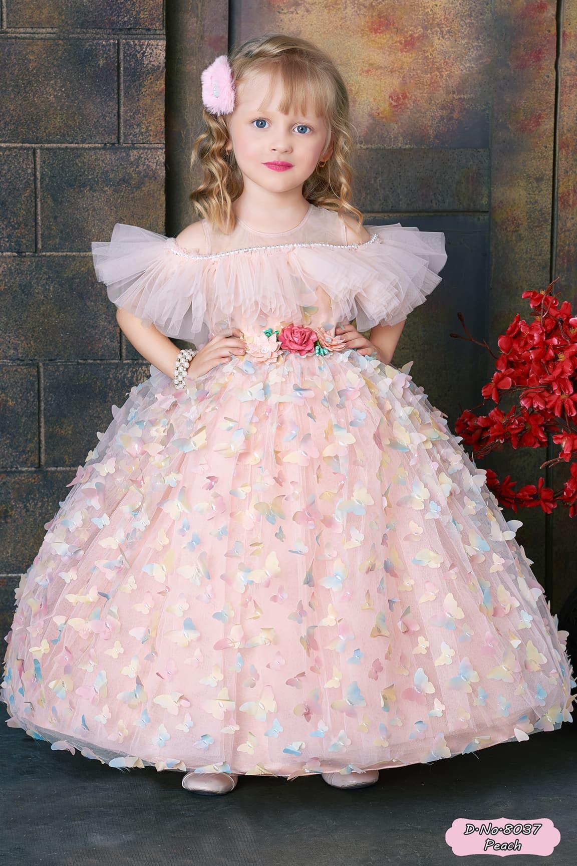 Peach Party Gown With Butterfly Embellishments For Girls - Lagorii Kids