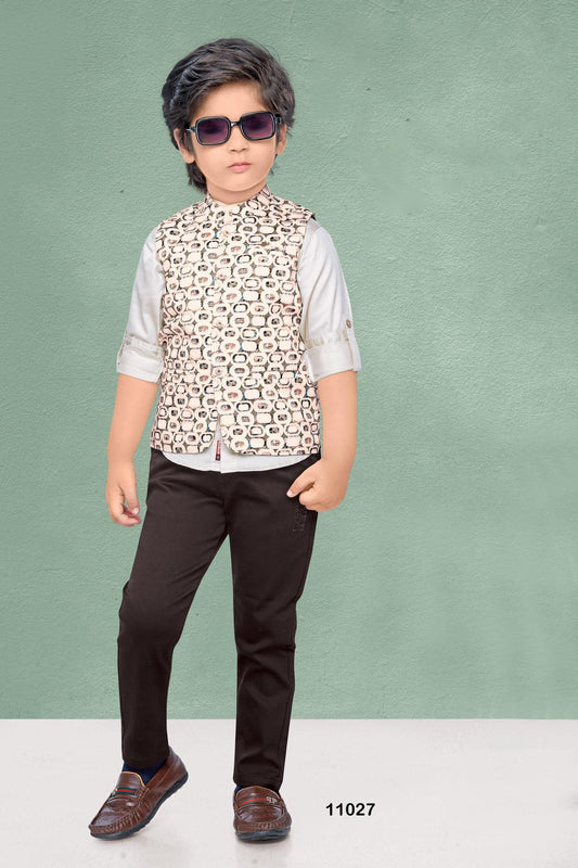 Peach Printed Waistcoat With White Shirt And Black Pant Set For Boys - Lagorii Kids