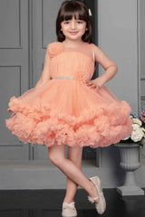 Peach Ruffle Frock With Floral Embellishment For Girls - Lagorii Kids