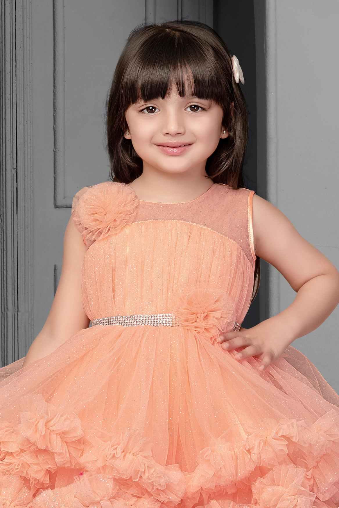 Peach Ruffle Frock With Floral Embellishment For Girls - Lagorii Kids