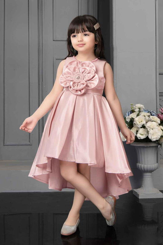 Peach Satin High Low Frock With Flower Embellishment - Lagorii Kids