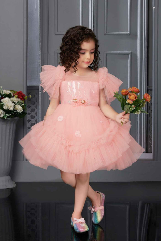 Peach Sequin Ruffle Frock With Flower Embellishments For Girls - Lagorii Kids