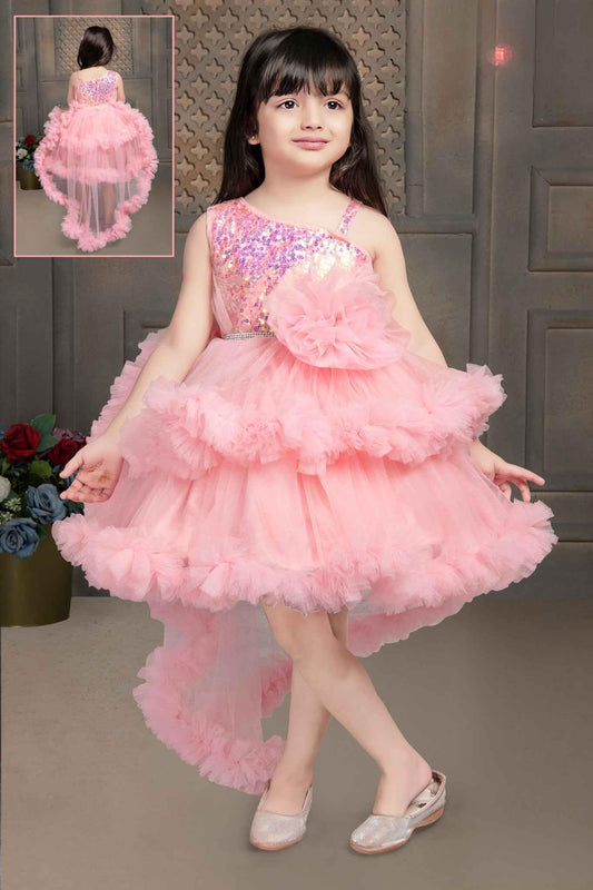 Pink Shimmer Tailback Party Wear Frock With Ruffle Layers For Girls - Lagorii Kids