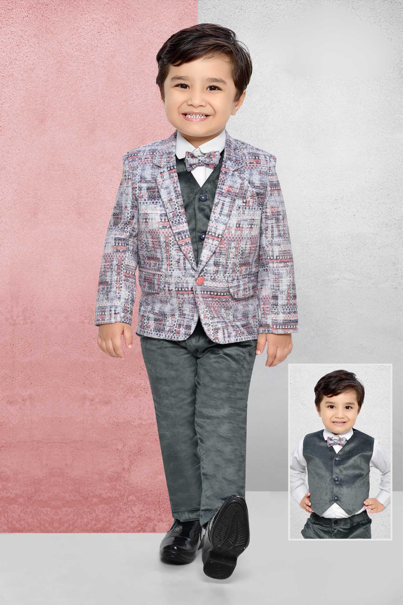 Peach Tuxedo With Grey Pant And Waistcoat For Boys – Lagorii Kids