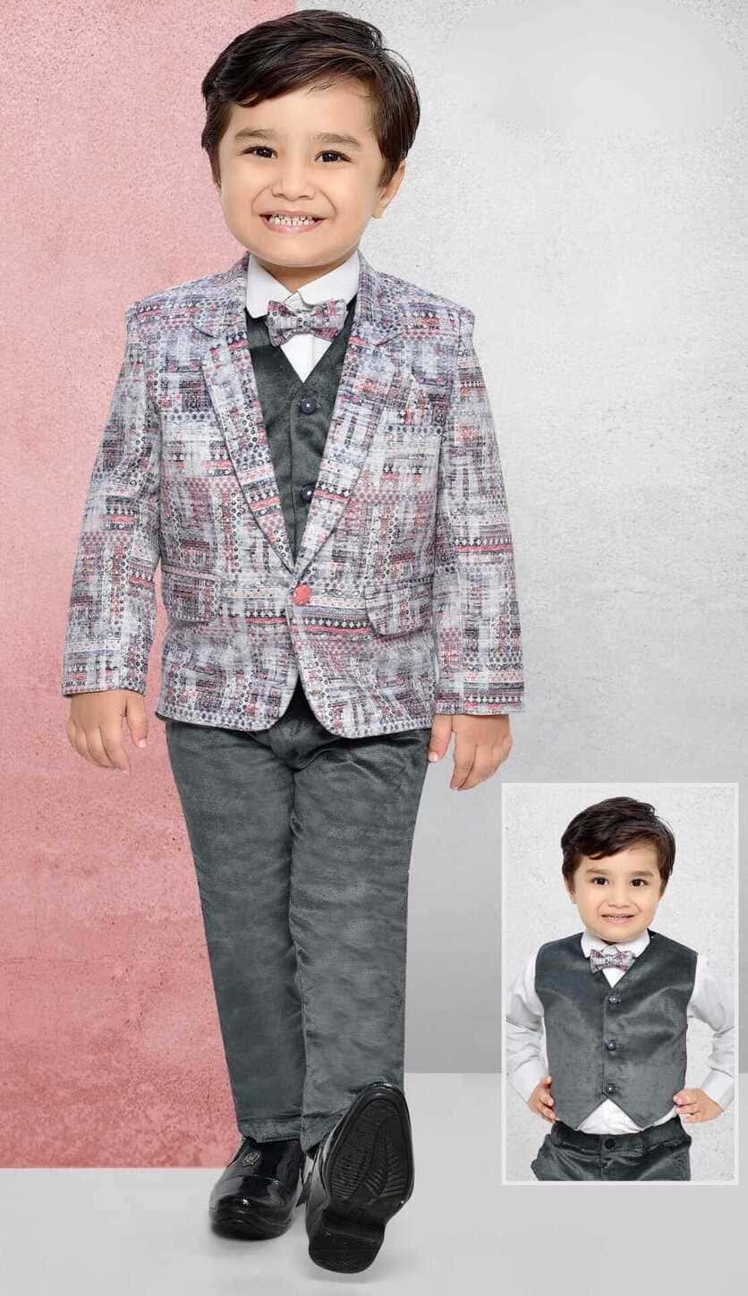Peach Tuxedo With Grey Pant And Waistcoat For Boys - Lagorii Kids