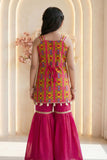 Girls Rani Pink Festive Peacock Embroidered Kurti with Flared Sharara Pants