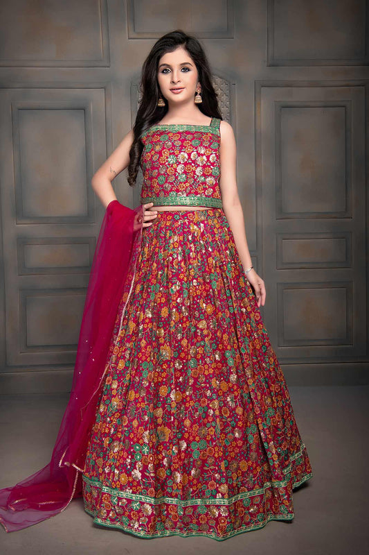 Rani pink and green ghagra choli in georgette with red duppata - Lagorii Kids