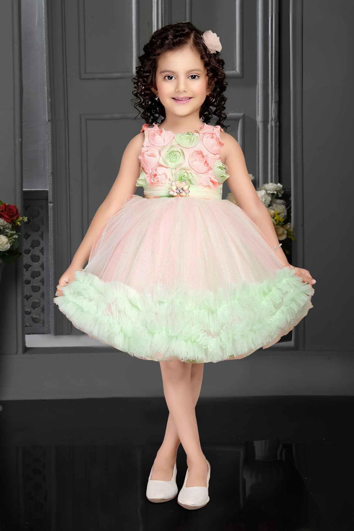 Pink and Green Ruffle Frock With Floral Embellishment For Girls - Lagorii Kids