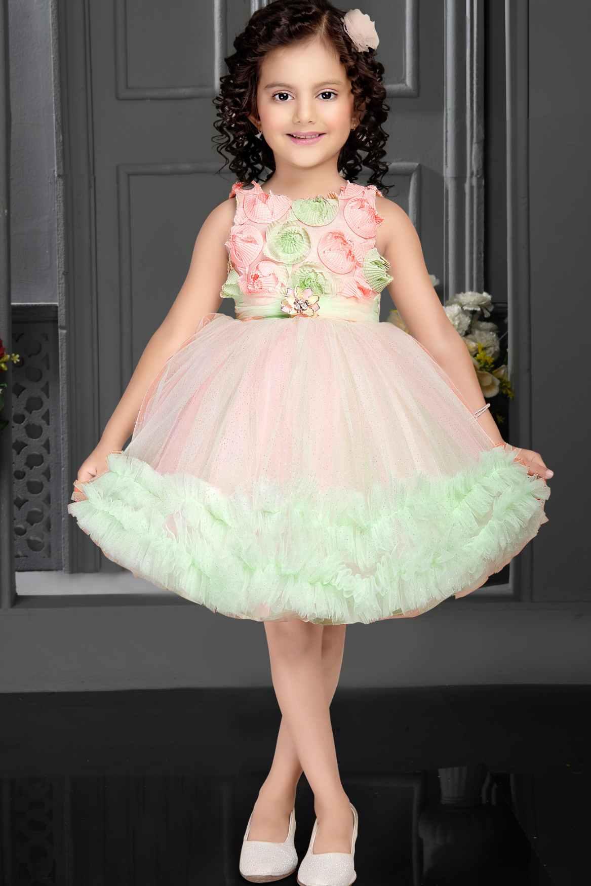 Pink and Green Ruffle Frock With Floral Embellishment For Girls - Lagorii Kids