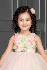 Pink and Green Ruffle Frock With Floral Embellishment For Girls - Lagorii Kids