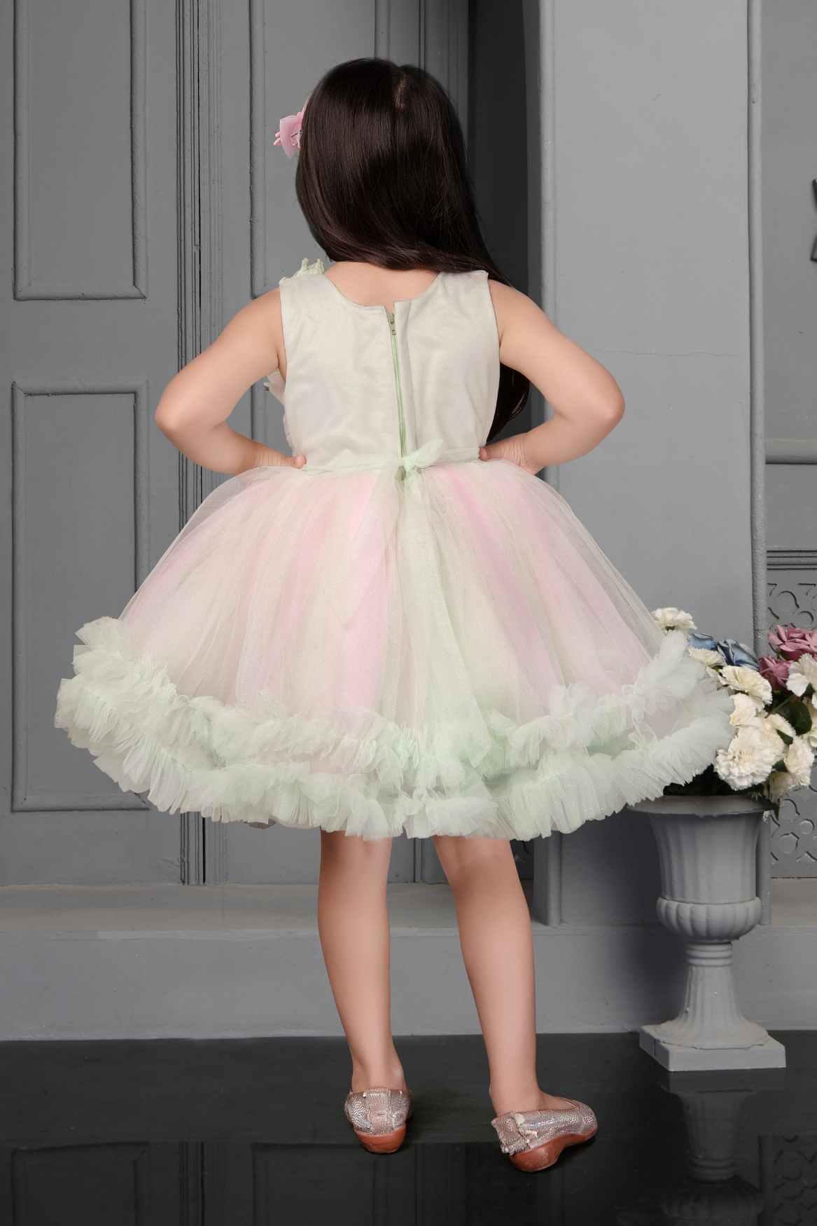 Pink and Green Ruffle Frock With Floral Embellishment For Girls - Lagorii Kids