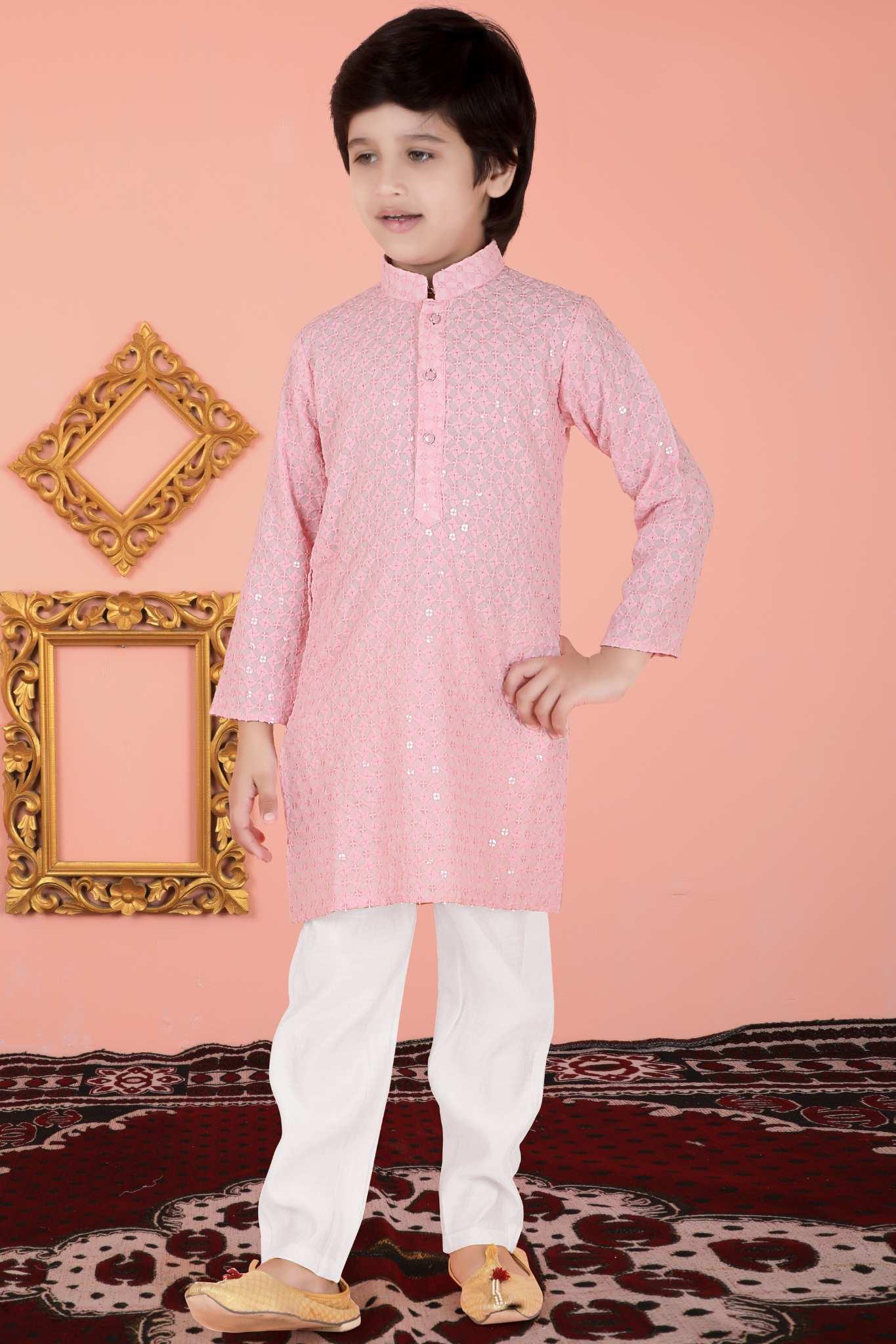 Pink Chikankari Cotton Kurta Set for Boys - Lagorii Kids
