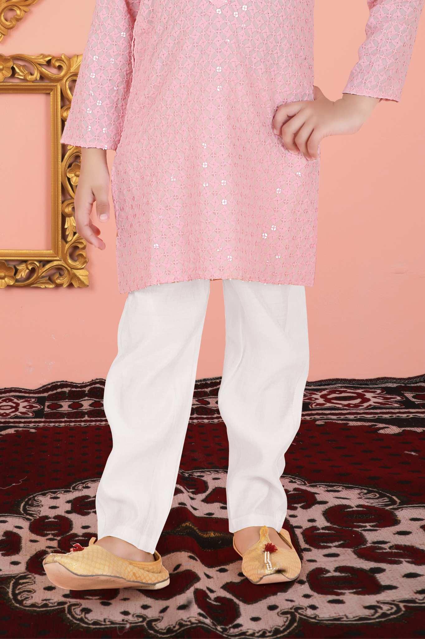 Pink Chikankari Cotton Kurta Set for Boys