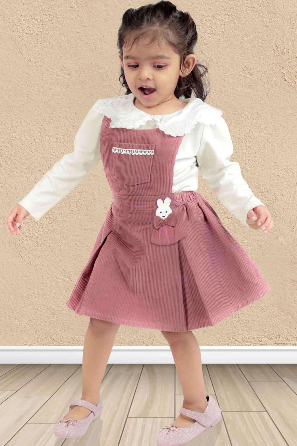 Pink Dungaree Set With White Top For Girls - Lagorii Kids