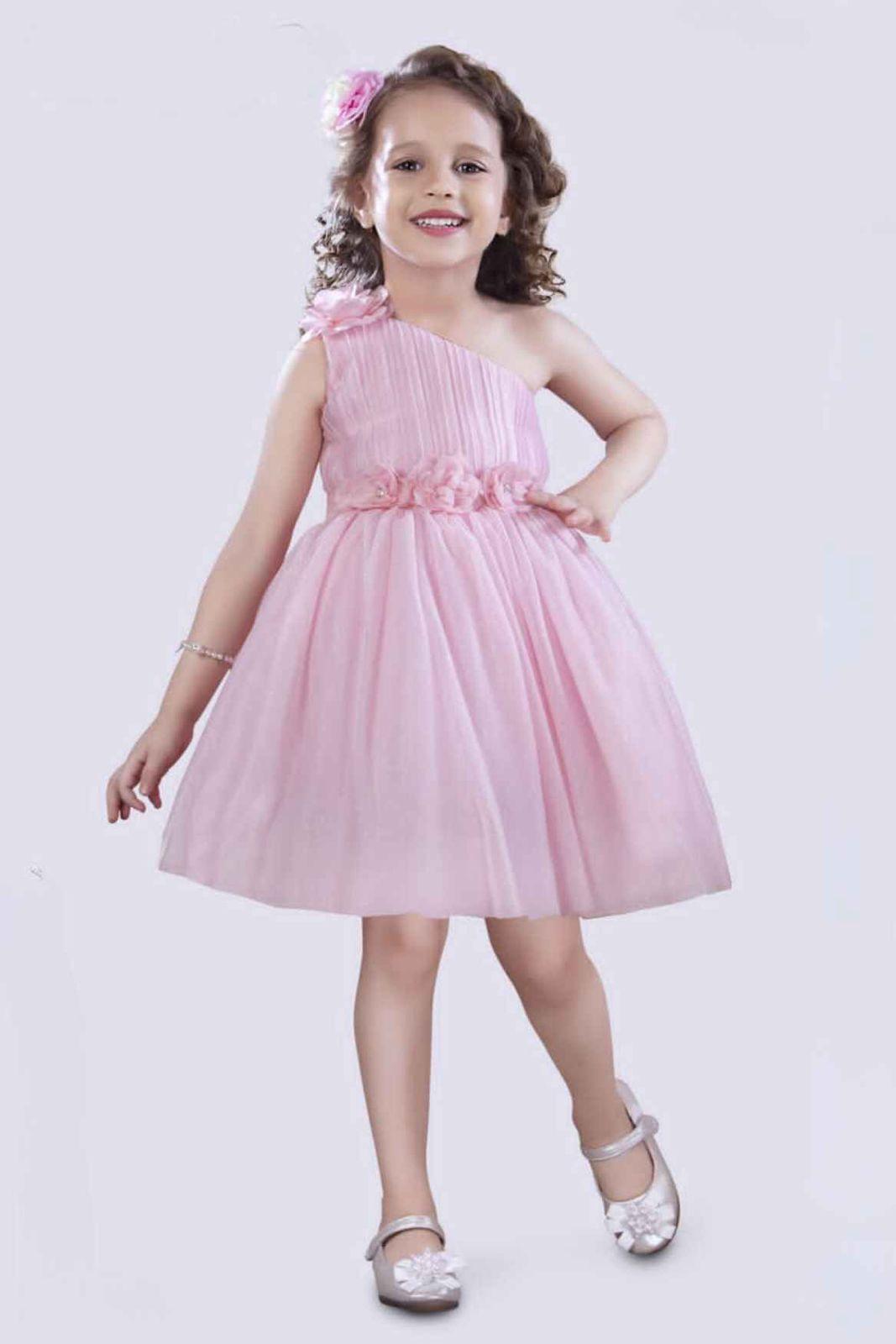 Pink Floral Embellished Frock With One-Sided Sleeve For Girls - Lagorii Kids