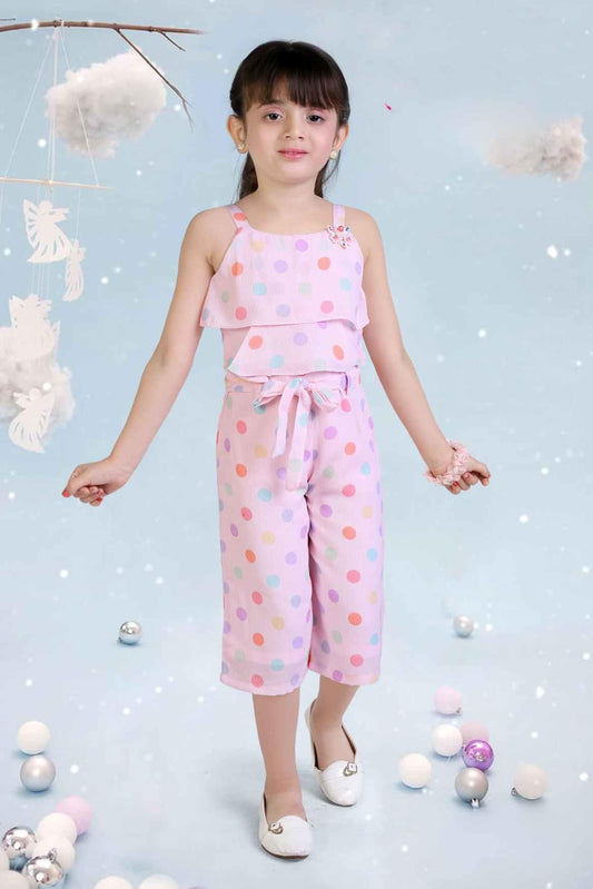 Pink Frilled Crop Top And Pant Set With Polka Dots For Girls - Lagorii Kids
