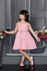 Pink Frock With Bow Embellishment and V Neckline For Girls - Lagorii Kids