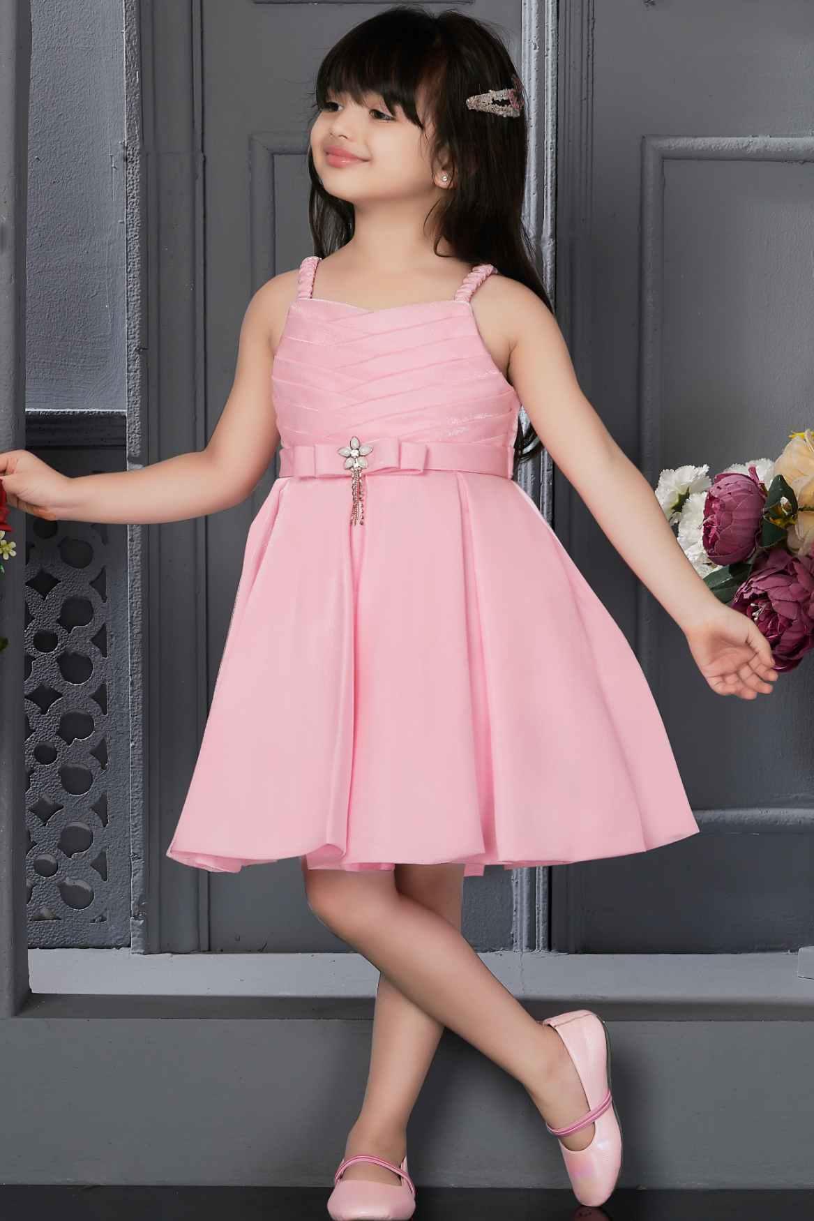 Pink Frock With Bow Embellishment and V Neckline For Girls - Lagorii Kids