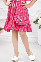 Pink Frock With Zigzag Print And Butterfly Sleeves For Girls - Lagorii Kids