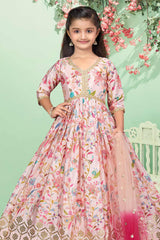 Baby Pink Full-Length Anarkali with 3/4 Sleeves, Netted Dupatta with Gotti for girls - Lagorii Kids