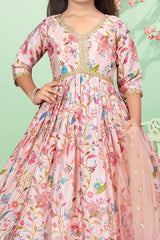 Baby Pink Full-Length Anarkali with 3/4 Sleeves, Netted Dupatta with Gotti for girls - Lagorii Kids