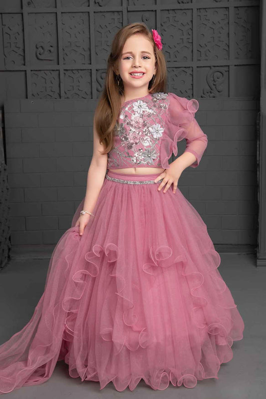 Pink Ghagra-Choli Set With Asymmetric Ruffled Sleeves For Girls - Lagorii Kids