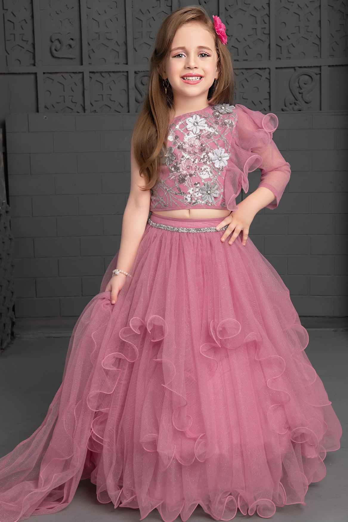 Pink Ghagra-Choli Set With Asymmetric Ruffled Sleeves For Girls - Lagorii Kids