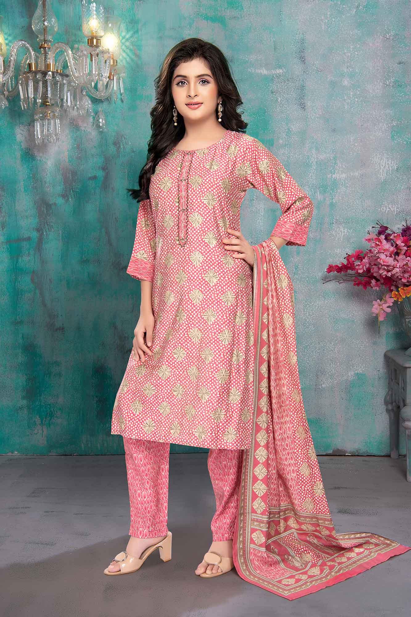 Pink Kurti with Straight Pants and Dupatta - Lagorii Kids