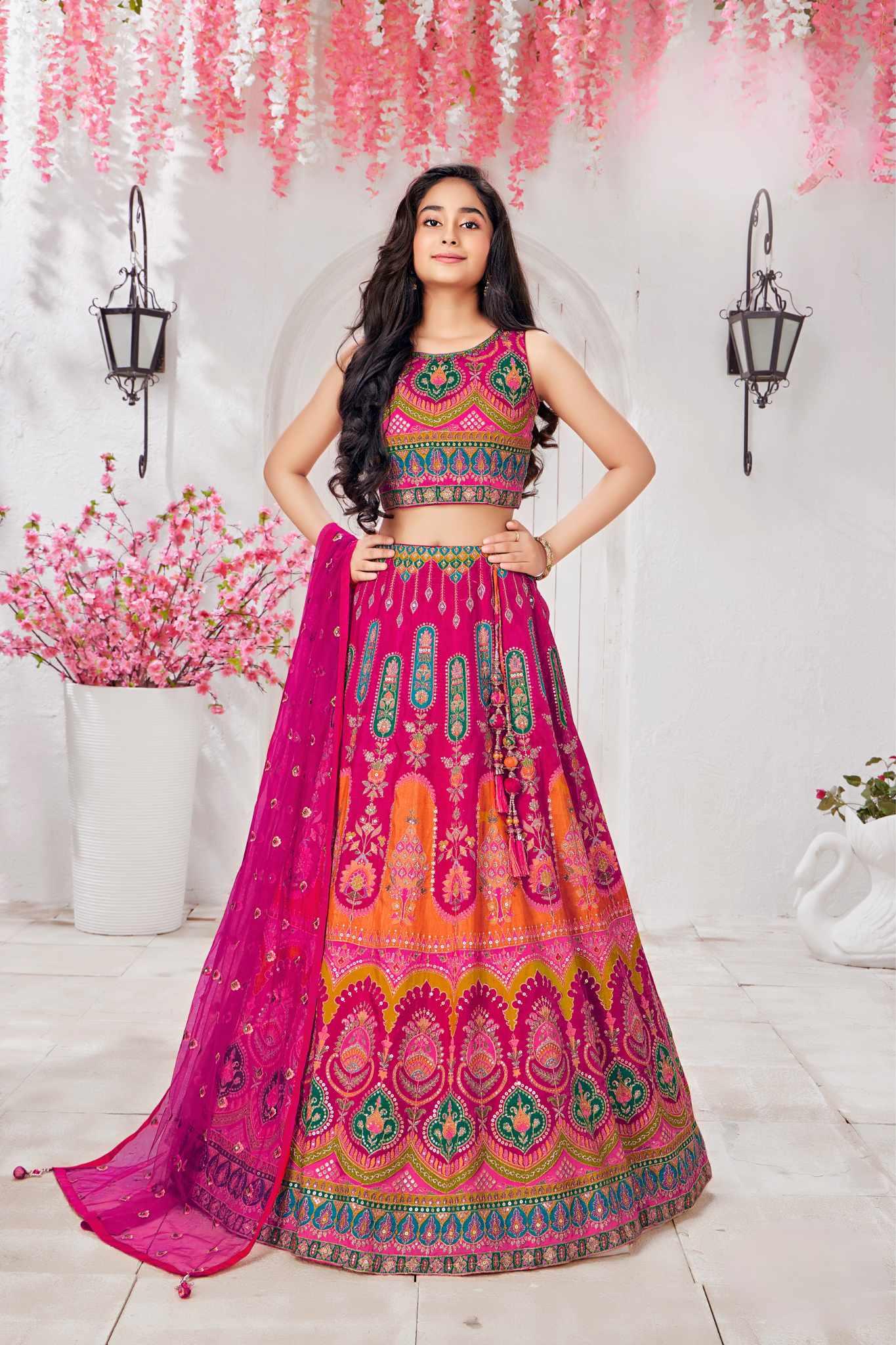 Pink Lehenga Choli Set With Elegant Embroidery Work For Girls - Lagorii Kids