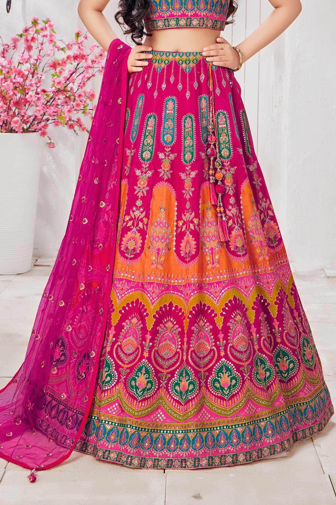 Pink Lehenga Choli Set With Elegant Embroidery Work For Girls - Lagorii Kids
