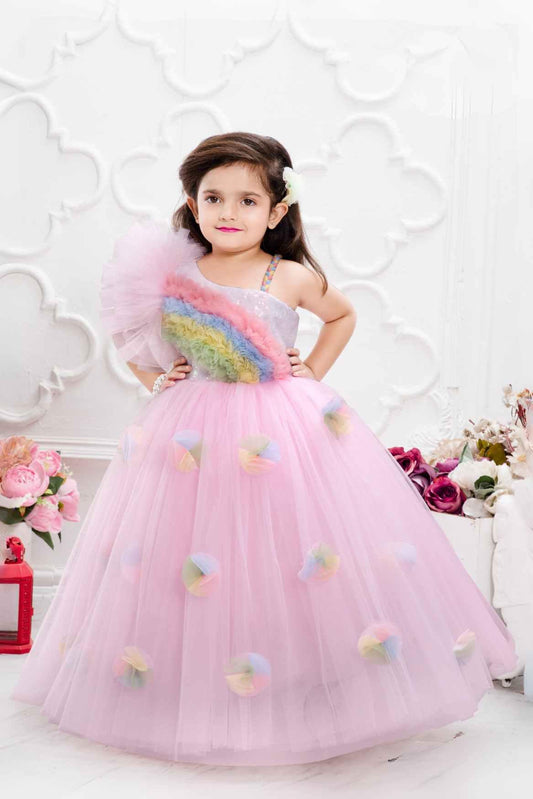 Pink Net Gown With Rainbow Pattern Ruffle Design For Girls - Lagorii Kids